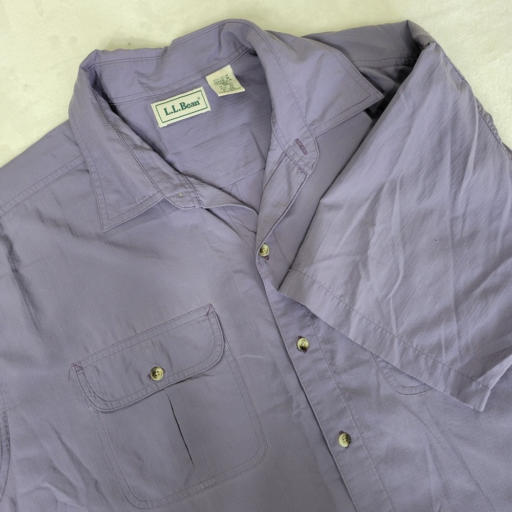 Vintage LL Bean Mens Large Purple Nylon Shirt Short Sleeve Outdoors Fish Hike